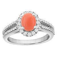 PIERA 14K White Gold Natural Coral Split Shank Halo Engagement Ring Oval 7x5 mm, sizes 5-10