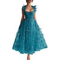 Tulle Tea Length Prom Dresses for Teens 3D Butterfly Lace Applique A Line Formal Evening Party Gown for Women