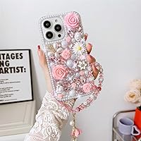 for iPhone 11 Bling Case,Luxury Crystal Rhinestone Flowers Glitter Diamond Pearl Women Girls Kids Case Cover with Lanyard for iPhone 11 6.1 inch