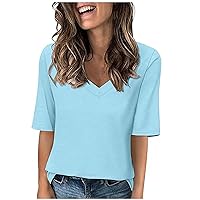 Women's V Neck T Shirts Half Sleeve Tops Casual Solid Basic Summer Tees Trendy Classic Plain T-Shirts Fashion Work Blouse