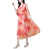 Women's Vintage Elegant Silk Print Dresses Summer 3/4 Sleeve V Neck Casual Loose Cocktail Party Prom Long Dress