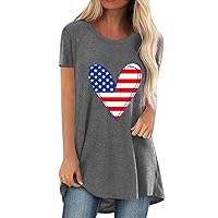 Womens Summer Tunic Tops,Short Sleeve Loose Casual Independence Day American Flag Tshirt Heart Print Patriotic Blouse