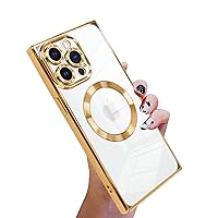 KANGHAR Square Case Compatible with iPhone 13 Pro Max Magnetic Clear with Camera Lens Protector[Compatible with MagSafe] Luxury Cute Plating Design Full-Body Shockproof Protection Cover Gold