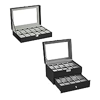 SONGMICS 2 Items Bundle - Watch Boxes, 20-Slot Watch Case with Glass Lid, 12-Slot Case with Large Glass Lid and Removable Watch Pillows, Black Synthetic Leather, Gray Lining UJWB12BK and UJWB006