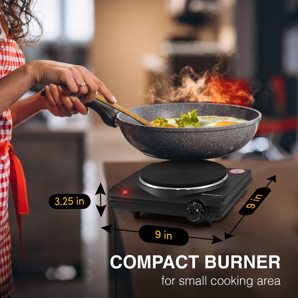 Elite Gourmet ESB-301BF# Countertop Single Cast Iron Burner, 1000 Watts Electric Hot Plate, Temperature Controls, Power Indicator Lights, Easy to Clean, Black