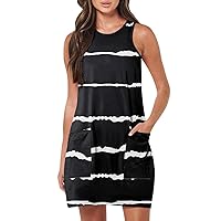 Sundresses for Women 2024 Summer Casual Stripe Printed Sexy Sleeveless Comfy Tunic Mini Tank Beach Dress with Pockets