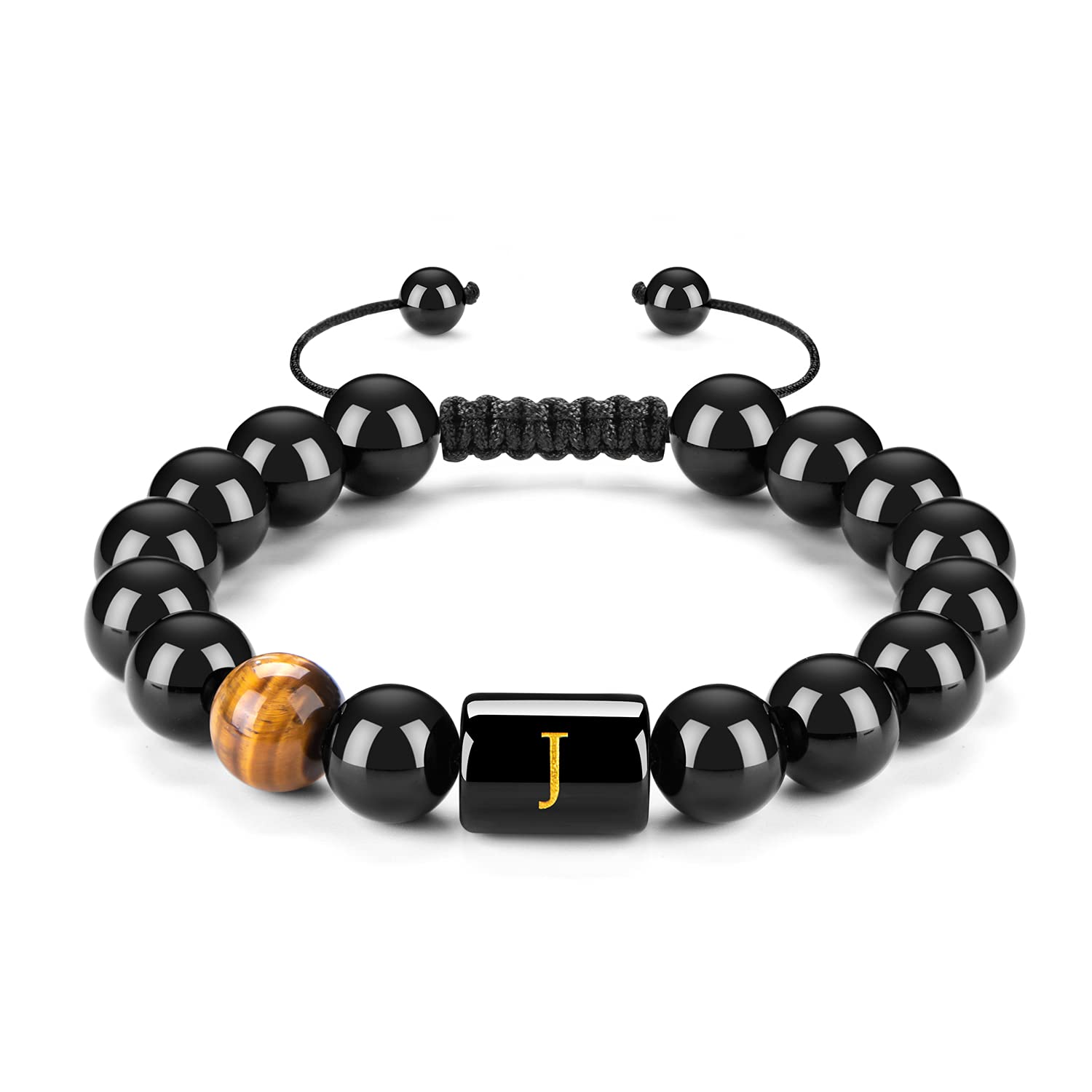 FRG Initials Bracelets for Men Letter Link Handmade Natural Black Onyx Tiger Eye Stone Beads Braided Rope Meaningful Bracelet 