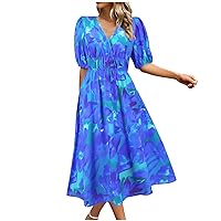 Summer Dresses for Women 2024 Sexy V Neck Short Sleeve Beach Dress Casual Boho Floral Print Pleatde Flowy Maxi Dress