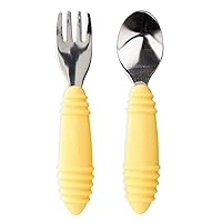 Bumkins Toddler Utensils, Kids Size Fork and Spoon Set, Silicone and Stainless-Steel Training Silverware, Angled Fork / Spork for Self-Feeding, Children Learning to Eat, 18 Mos Up, Pineapple Yellow
