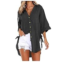 HHmei New Women Long Sleeve Boyfriend Button Down Shirts Asymmetrical Casual Lace Up Oversized Summer Beach Tunic Tops