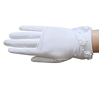 Dull matte satin girl's gloves w/faux pearl & rose accents sheer organza cuff/White