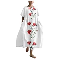 Vintage Japanese Art Dress for Women 2024 Boho Floral Print Oversized Crewneck Linen Casua Summer Dresses