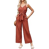 JASAMBAC Women Jumpsuits Dressy Casual Sleeveless Spaghetti Strap Loose Rompers Wide Leg Linen Summer Outfits with Pockets