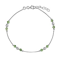 Sturdy Simple Station Crystal Green Bead Jingle Bell & Heart Ball Anklet Ankle Bracelet For Women Teens .925 Sterling Silver 9-10 Inch Adjustable