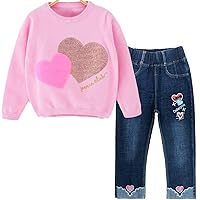 Peacolate Spring Autumn 2-10 Years Little&Big Girl Sweater and Embroidered Jeans 2pcs Clothing Set