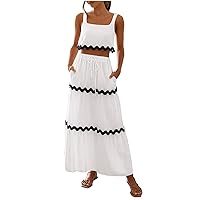 Women's Color Block Patchwork Outfits Summer 2 Piece Set Square Neck Crop Tank Tops and Drawstring High Waist Skirts
