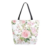 ALAZA Pink Rose Flower Large Canvas Tote Bag Floral Shopping Shoulder Handbag with Small Zippered Pocket