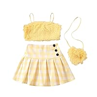 FEIBEL 3Pcs Kids Girl Summer Outfit Little Girls Sleeveless Faux Fur Crop Camisole and Plaid Pleated Skirt Sets with Bag