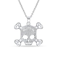 Bling Jewelry Goth Biker Chick Pirate Skull And Crossbones Pave Cubic Zirconia CZ Pendant Necklace For Women For Teen .925 Sterling Silver