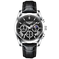 Men Sport Analog Stainless Steel Leather Band Wristwatch Dress Waterproof Calendar Moon Phase Multifunctional Quartz Wrist Watch Casual Fashion Luminous Clock