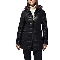 Women's Real Lambskin Leather Puffer Jacket With Hood