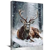QULEPU A Deer Lying In The Snow,Deer In Snow Forest,Winter Room Decor,Vintage Painting,Rustic Wall Art,8