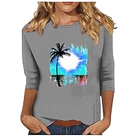 Women's 3/4 Sleeve Tops Summer Ladies Fashion V-Neck Tshirt 2024 Shirt Palm Tree Print Sexy Daily Blouse Casual Tunics