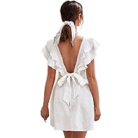 Dresses for Women 2024 Tie Backless Lace Trim Ruffle Trim A Line Mini Dress