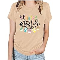 Women's Easter Day Short Sleeve T Shirt Round Neck Happy Easter T Shirts Cute Egg Print Boho Tees Tunic Top Dressy Blouses