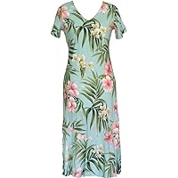 RJC Women's Breathtaking Island Getaway Tea Length Cap Sleeve Hawaiian Dress Aqua Q1X Plus