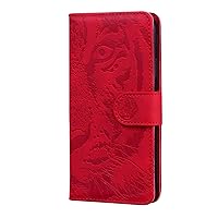 ONNAT-Embossed PU Case for iPhone 14Pro Max/14 Pro/14 Plus/14 with Card Holder Slot Tiger Pattern Flip Wallet Protective Phone Cover (14ProMax,Red)