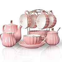 Sweejar Porcelain Tea Sets British Royal Series, 8 OZ Cups & Saucer Service for 6, with Teapot Sugar Bowl Cream Pitcher Teaspoons and Tea Strainer, Suitable for High Tea, Wedding, Party (Pink)