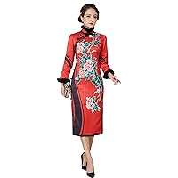 Qipao Autumn and Winter Women Silk Chinese Peony Printed Addition Cotton Cheongsam Wedding Evening Dress