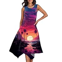 Ladies Sundresses Hawaiian Dresses for Women Summer Print Casual Fashion Elegant Ceach Dress Sleeveless Round Neck Flowy Dresses Dark Purple X-Large