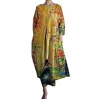 Short Wrap Dresses Women's Loose Round Neck Fashion Senior Long Sleeve Printed V Neck Dress Faux Leaf