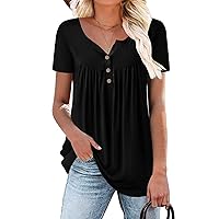 Mystry Zone Womens Henley V Neck Casual Blouse Button Down T Shirts Flare and Flowy Tops