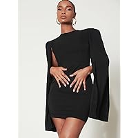 Summer Dresses for Women 2022 Cloak Sleeve Open Back O-Ring Zip Up Dress Dresses for Women (Color : Black, Size : Small)