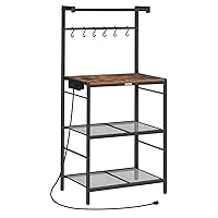 Bakers Rack with Charging Station, Microwave Stand with 6 S-Shaped Hooks, 4-Tier Storage Rack, Practical Coffee Bar, for Kitchen, Dining Room, Rustic Brown BRHR35E01