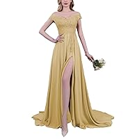 Women's Off Shoulder Prom Dresses Chiffon Bridesmaid Dresses Laces A-Line Long Formal Evening Gowns with Slit