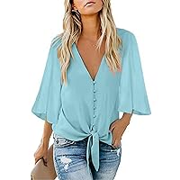 ZEFOTIM 3/4 Sleeve Shirts for Women,Summer Classic Plain Button Down Tops Shirts Casual Bell Sleeve Deep V-Neck Blouse Tees