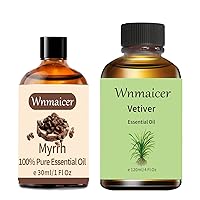 Myrrh Essential Oil Organic 1 Fl Oz & Vetiver Essential Oil 4 Oz Ideal for Massage, Aromatherapy, Relaxation, Laundry, Diffuser,Hair,DIY & Skin Care 30 ml