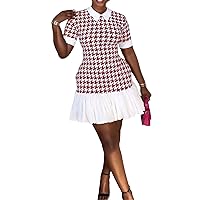 Womens Sexy Lapel Short Sleeve Houndstooth Printed Bodycon Ruched Ruffles Hem Party Clubwear Dress