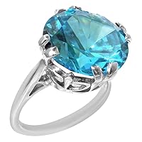 Solid Sterling Silver Womens Large 14mm Blue Cubic Zirconia CZ Vintage Solitaire Cocktail Ring - Sizes 4 to 12