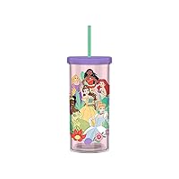 Silver Buffalo Disney Princess Fun and Bold Group Floral Plastic Tall Cold Cup w/Lid and Straw, 20 Ounces