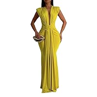 Womens Sexy Deep V-Neck Sleeveless Folds Solid Color Maxi Dress Nightclub Dress