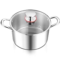 E-far 6 Quart Stock Pot, Tri-Ply Stainless Steel Cooking Pot with Glass Lid and Riveted Handles, Metal Pasta Soup Pot for Induction Ceramic Electric Gas Stoves, Heavy Duty & Dishwasher Safe