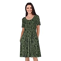 Women's Short Sleeve Empire Knee Length Dress with Pockets Green and Black