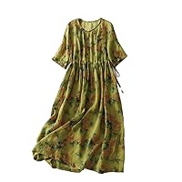Print Floral Embroidery Vintage Summer Dress Women Holiday Travel Beach Casual Midi Dress