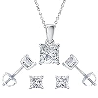Brilliant 3mm To 10mm Princess Cut White Diamond 14k White Gold Over .925 Sterling Silver Stud Earrings Screw Back Posts Pendant Necklace Earring Set For Girl's & Women's
