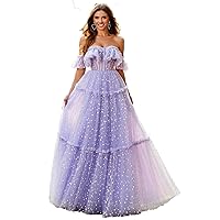 Women Sleeveless Tulle Dress Ruffled Off Shoulder Corset Prom Dress A-Line Maxi Evening Wedding Party Ball Gown